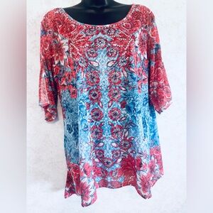 Ruby Rd Scoop Neck Red & Blue Floral Embellished Split Elbow Sleeves Shark Hem